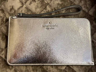 Kate Spade Lucy METALLIC SILVER Medium L Zip Wristlet Leather