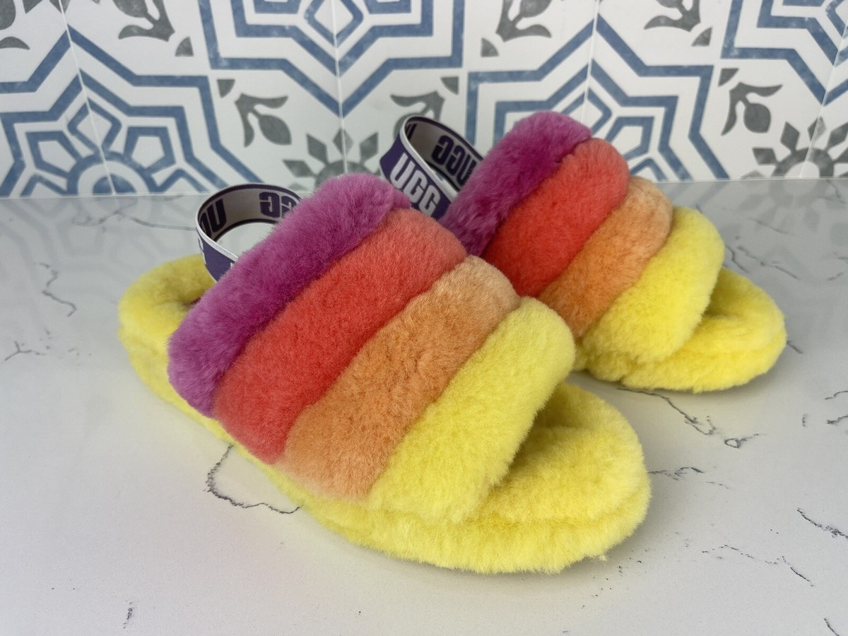 NEW UGG Women's Pride Rainbow Yellow Fluff Yeah Slide Sandal