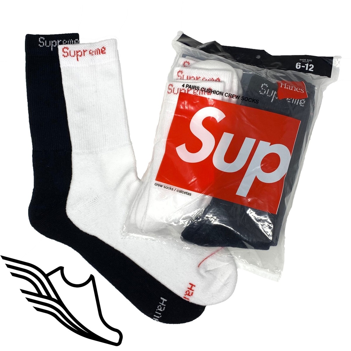 Sealed & Authentic - Supreme / Hanes White & Black Crew Socks (4