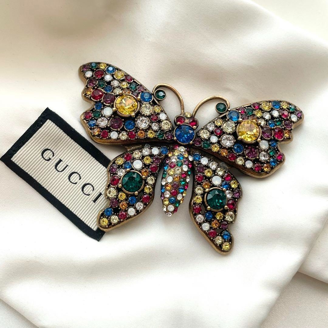 Gucci Butterfly Crystal Brooch Multicolor Antique Gold Made in