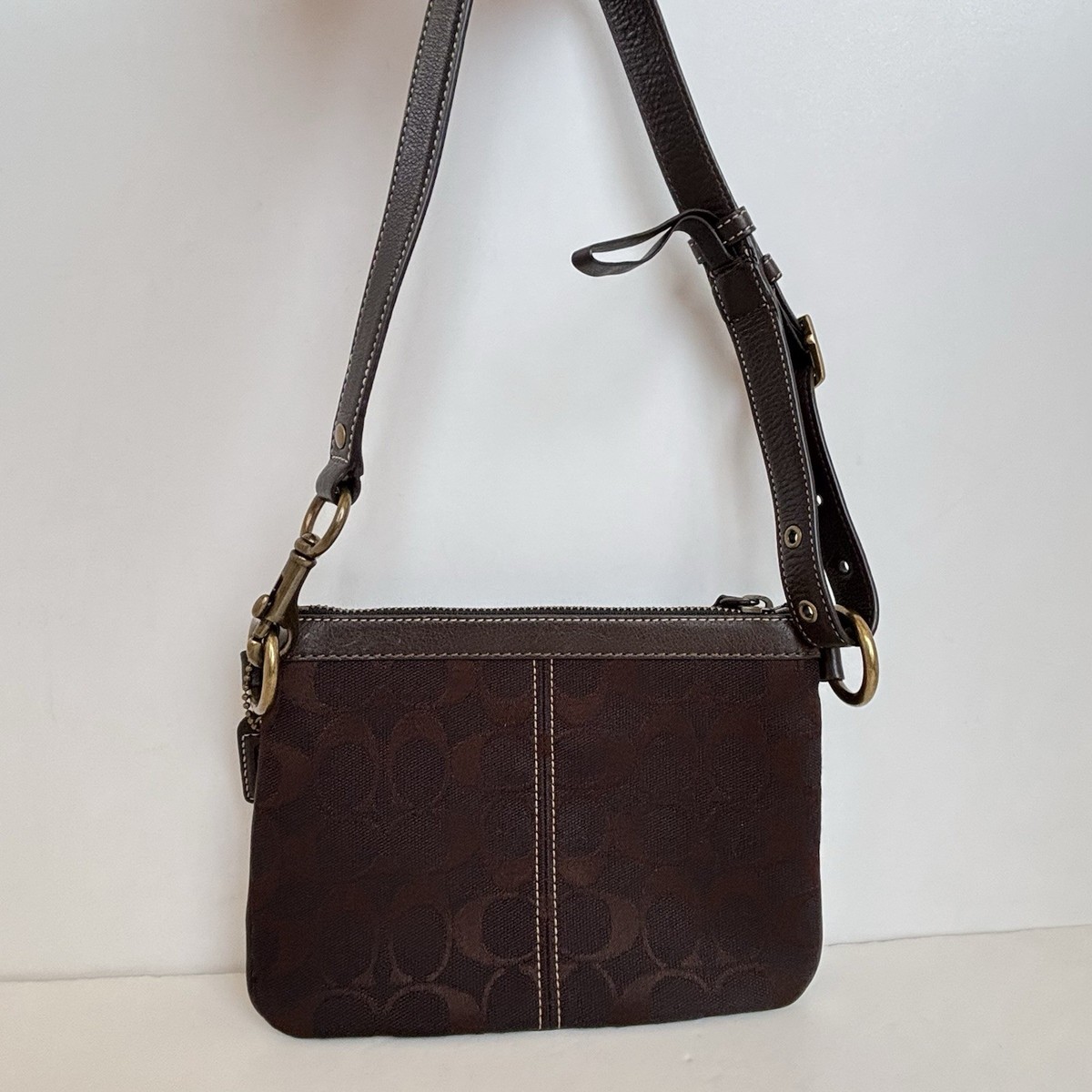 Coach Legacy Brown Signature Canvas Striped Zipper Turn Lock Mini