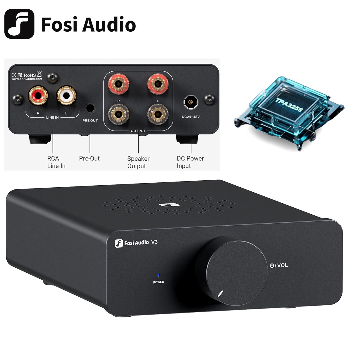 Fosi Audio V3 Stereo Amplifier Home Audio 300Wx2 Power TPA3255