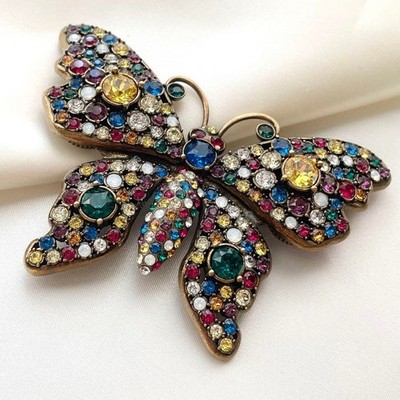 Gucci Butterfly Crystal Brooch Multicolor Antique Gold Made in