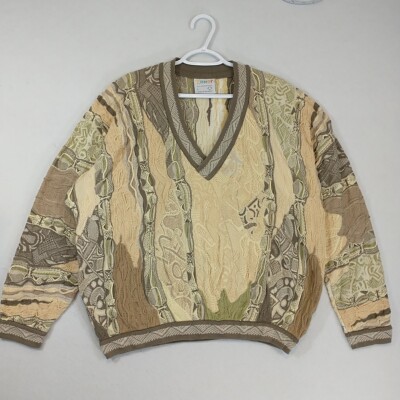 VTG Coogi 3D Mercherised Cotton V Neck Sweater Green/Tan Size