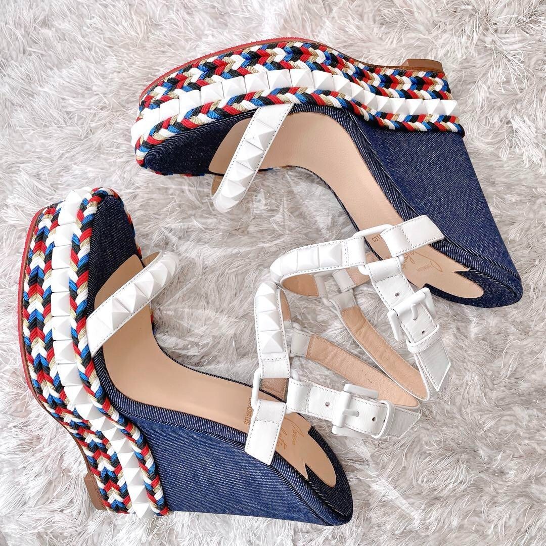 Christian Louboutin Sandals Mules Cataclaw Wedges Studs Denim Blue