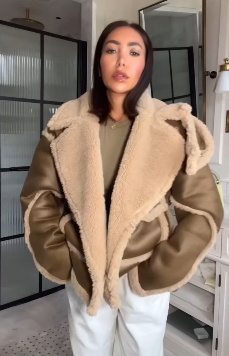 Zara SRPLS SHRLNG Aviator Shearling Jacket Mid Green Beige XS S L