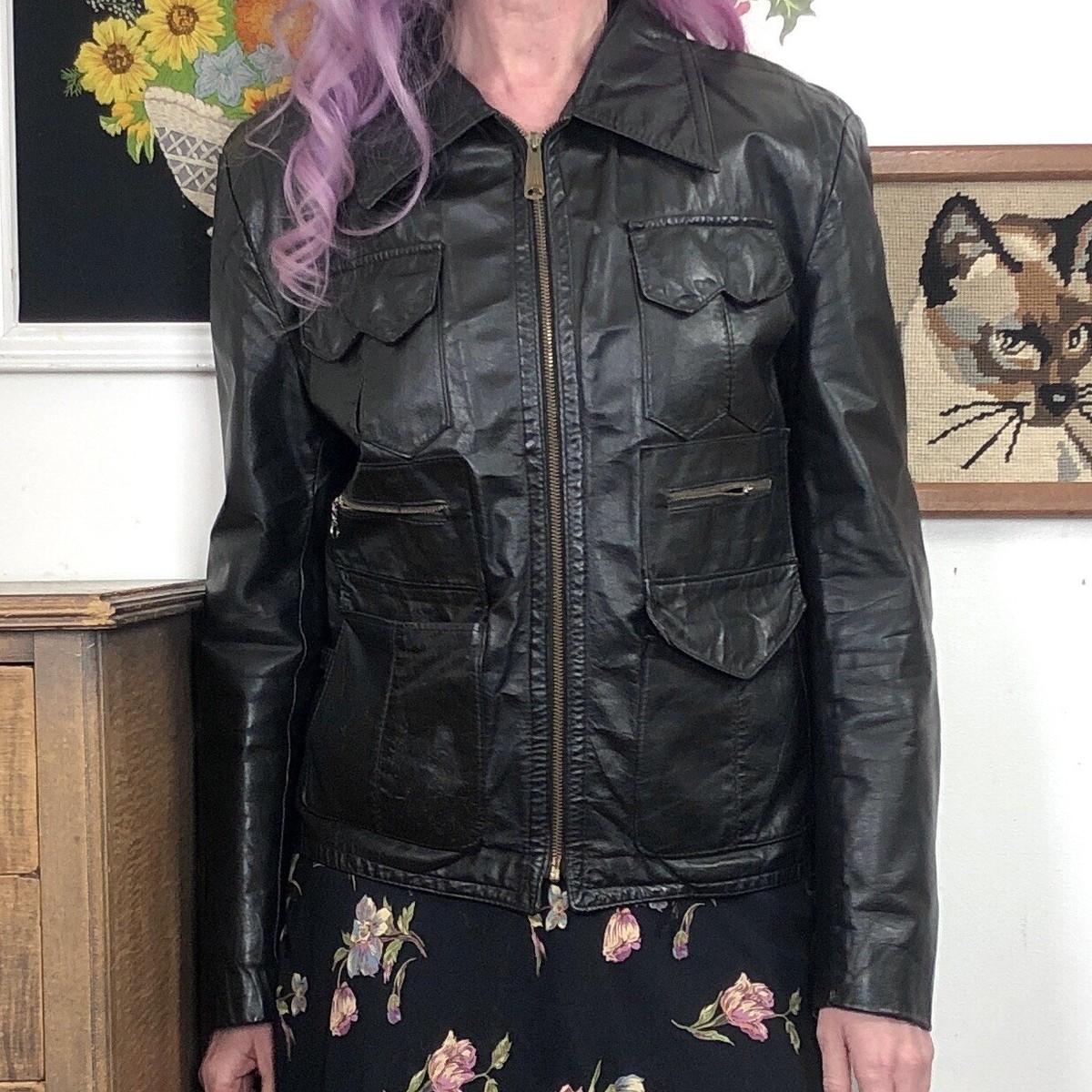 Vintage Leather Jacket, 1980s Moto Style Jacket, Sz M (Zipper