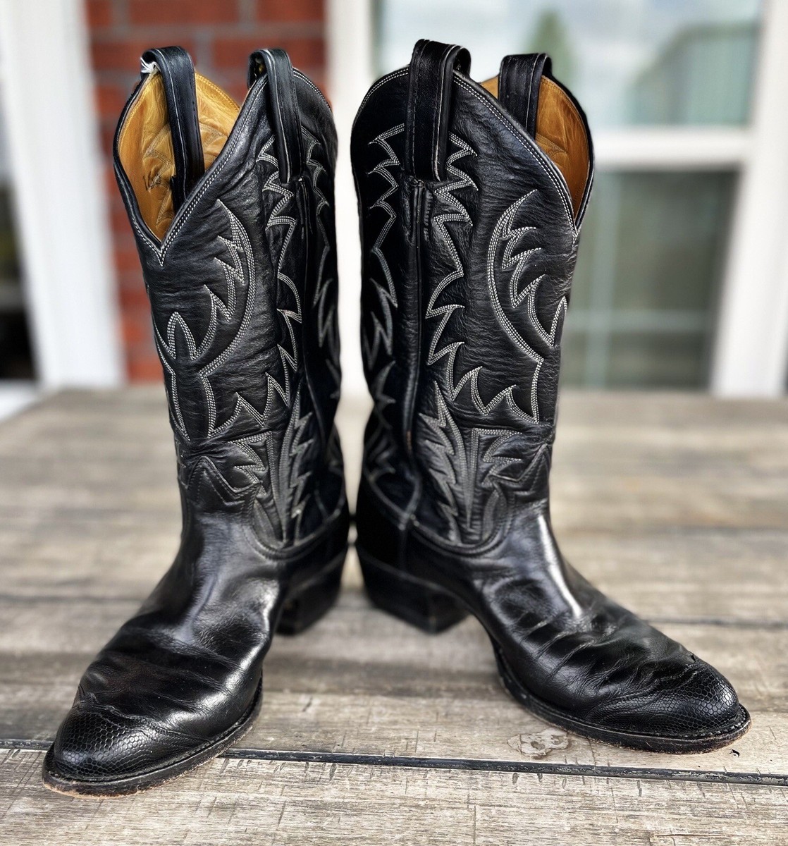 Vintage Tony Lama Black Leather Ostrich ? Toe Texas Cowboy Boots
