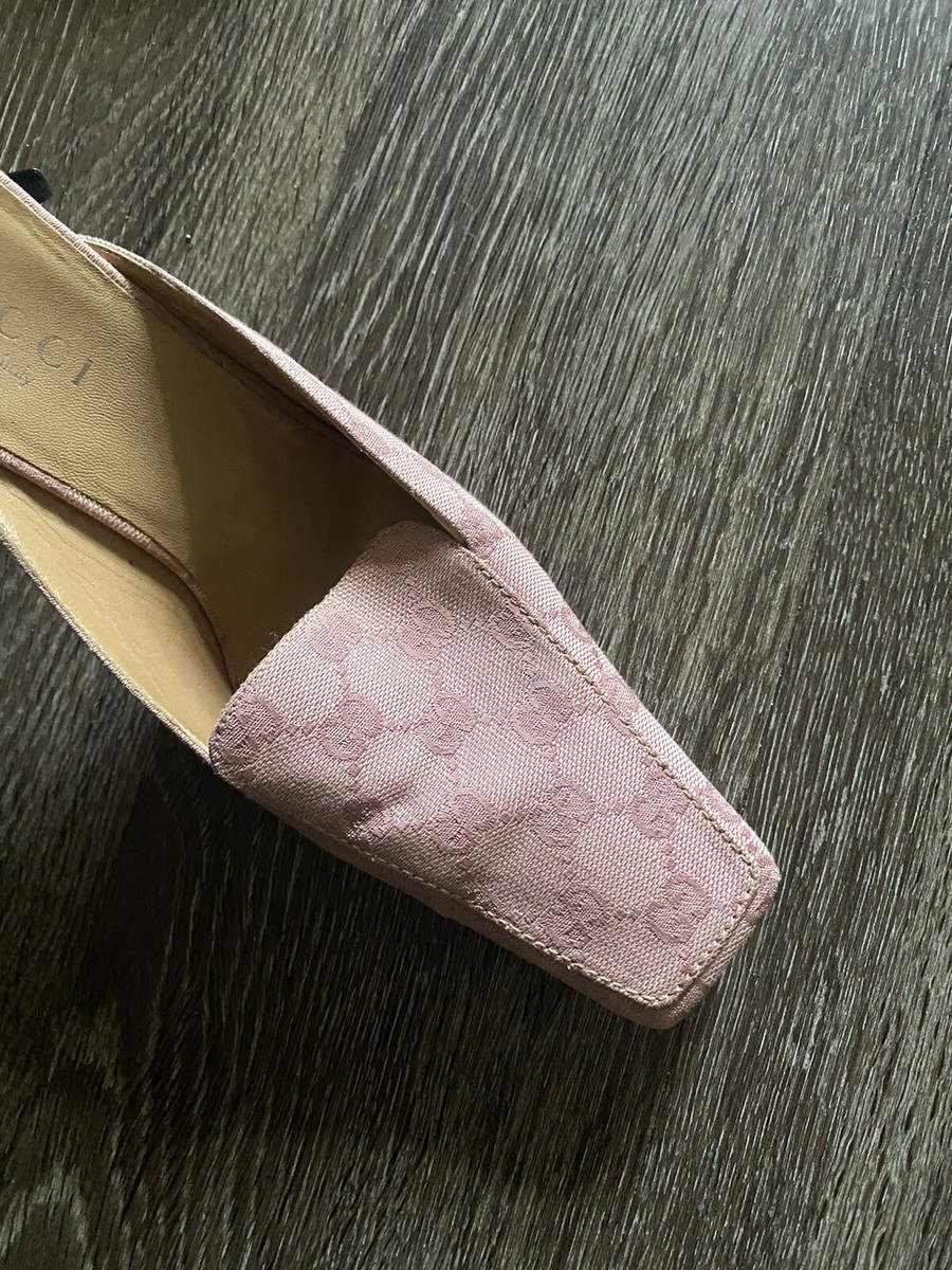 VINTAGE GUCCI Y2K EMBOSSED PINK JACQUARD LOGO HEEL MULE LOAFER SZ