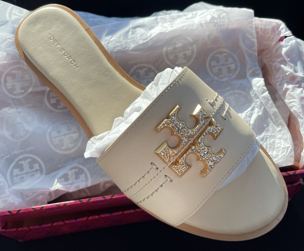 NIB Tory Burch Everly Slide Sandals Calf Leather Crystal Logo