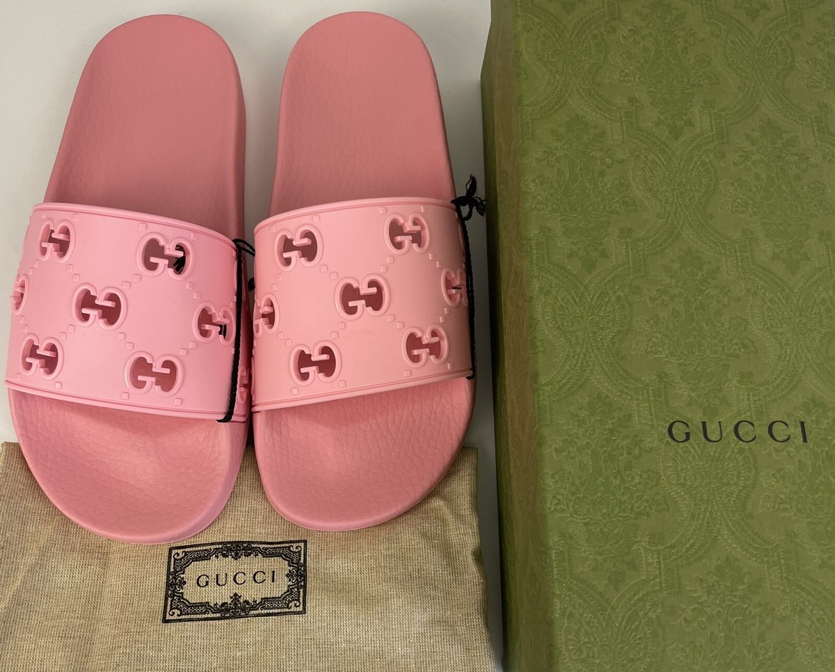 GUCCI 573922 Rubber Pursuit GG Rose Pink Slide Sandals Women's