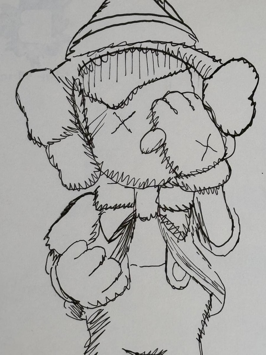 KAWS (Handmade) Drawing On old Paper Signed Mixed Media, Vtg Art