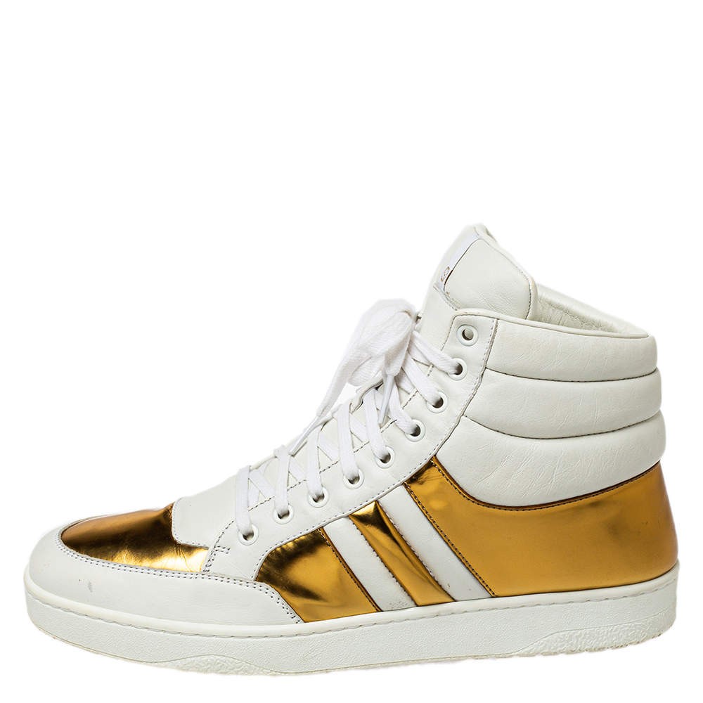 Gucci WhiteGold Leather Lace Up High Top Sneakers Size 43.5 | eBay