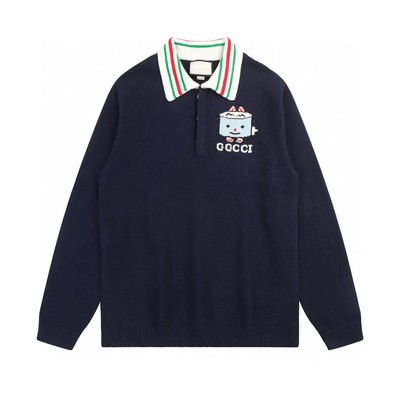 Authentic Men's Gucci Navy Cotton Knit Polo Shirt Sweater 736022