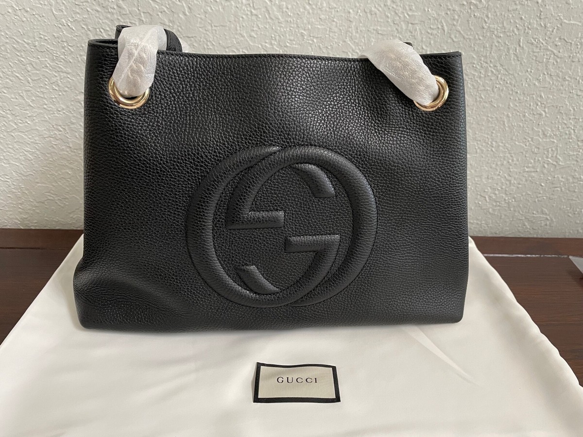 NWT!!! Gucci Soho Gg Chain Tote Satchel Black Embossed Leather
