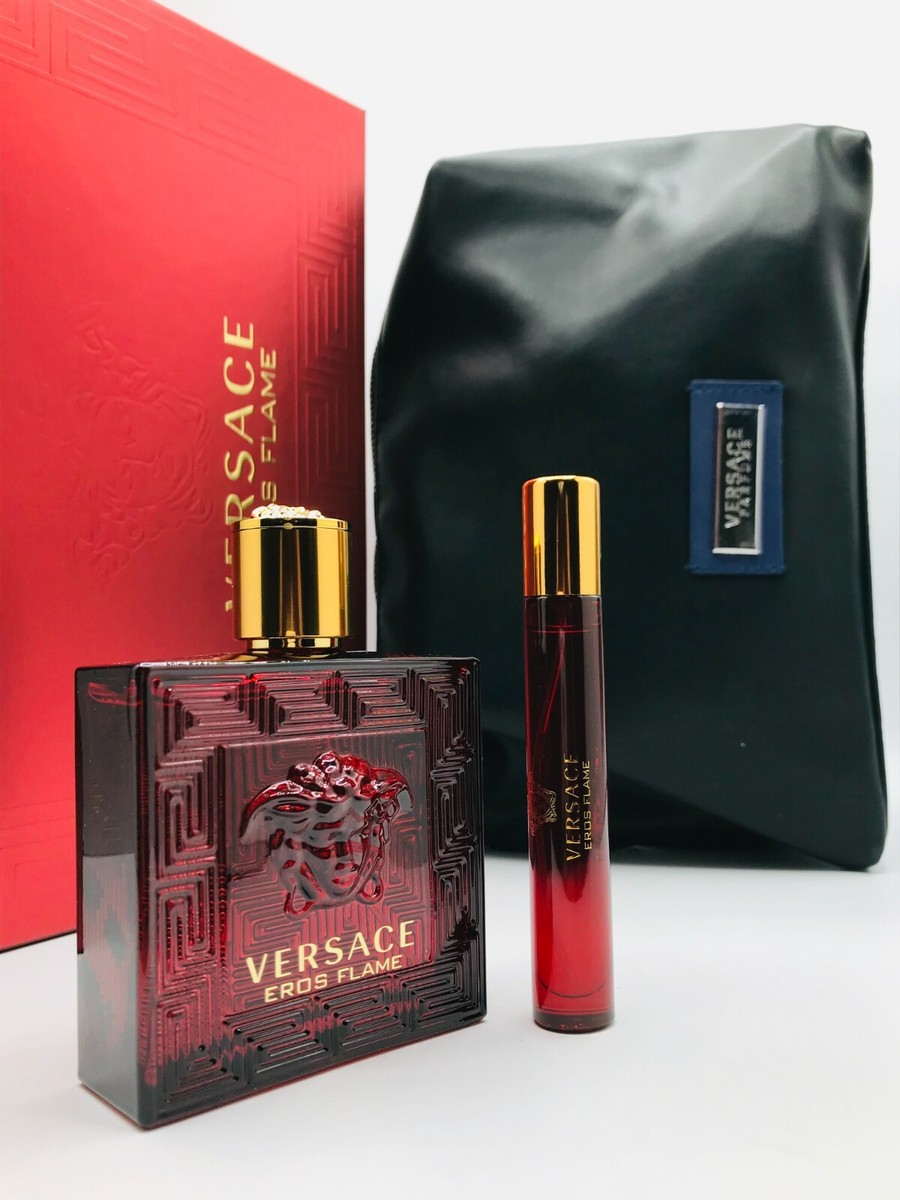 Versace Eros Flame 3pc Set Men Parfum Spray 3.3 oz Mini Spray .34