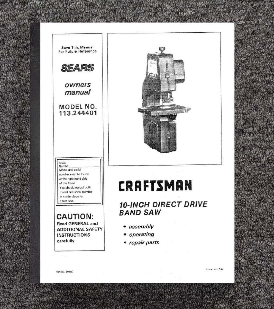 Owner's Operator Manual Fits Craftsman 10 inch Direct Drive Band