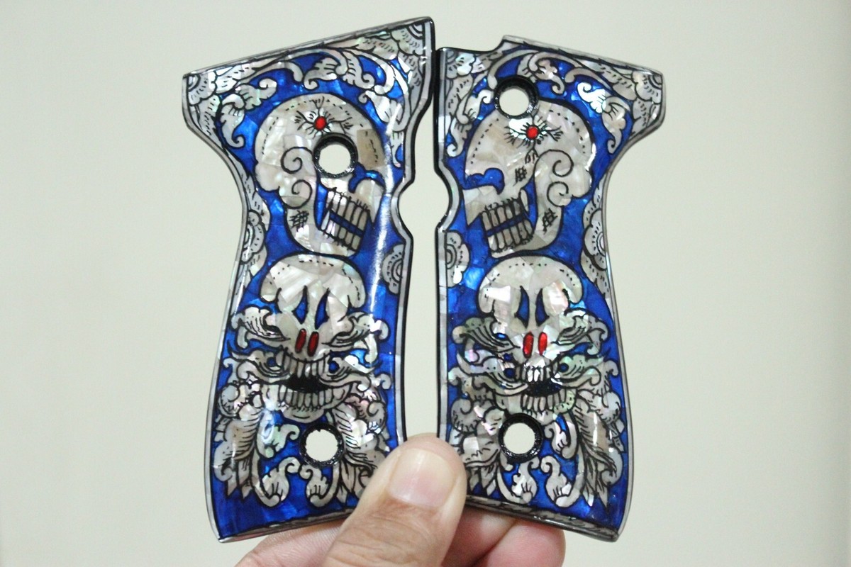 PEARL GRIPS FOR BERETTA 92 FS FULL SIZE 92 96 M9 92A1 BLUE SKULL