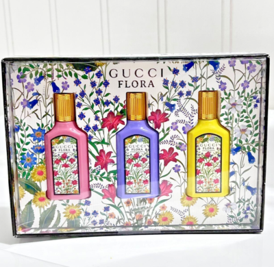 New Gucci 3PC Mini Flora Gorgeous Eau de Parfum Perfume Set Splash