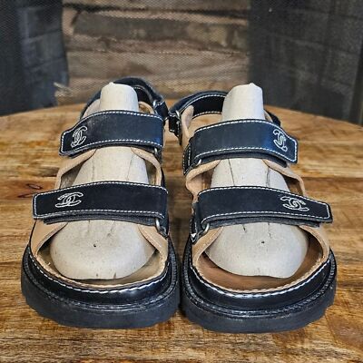 90s Chanel womans Dad Sandals shoe tan and chocolate brown | eBay