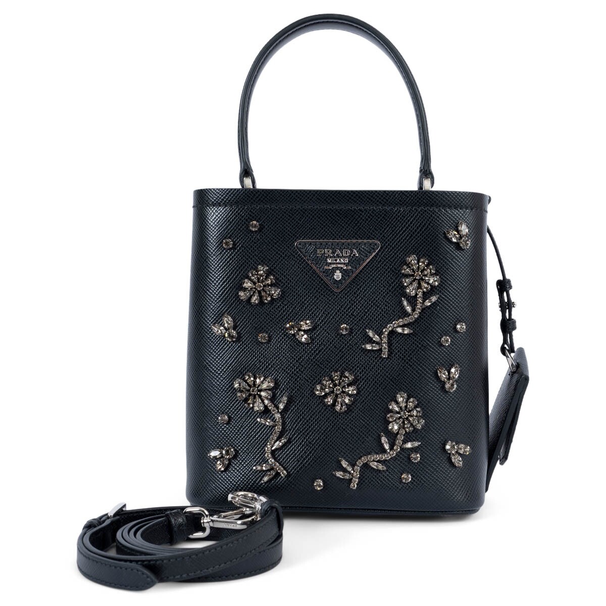 69239 auth PRADA black Saffiano leather CRYSTAL PANIER SMALL