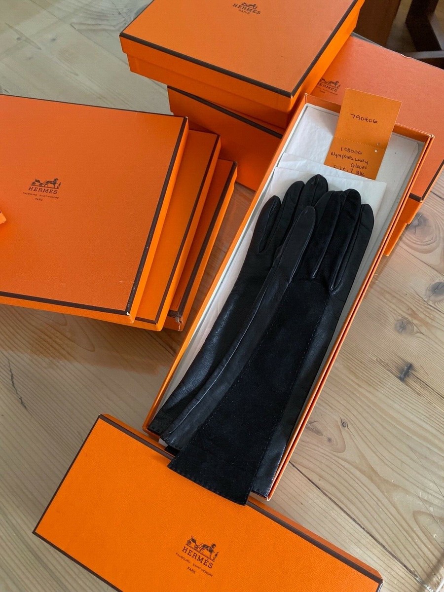 HERMES Gloves -- Black Leather Silk Lining Sleek Chic Size 7 New