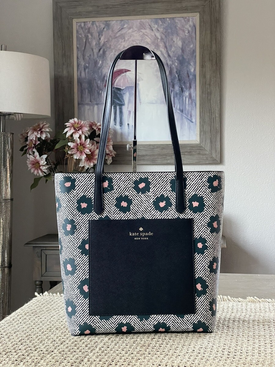 Kate Spade Zip Shoulder Tote Bag Pocket Herringbone Floral Peacock