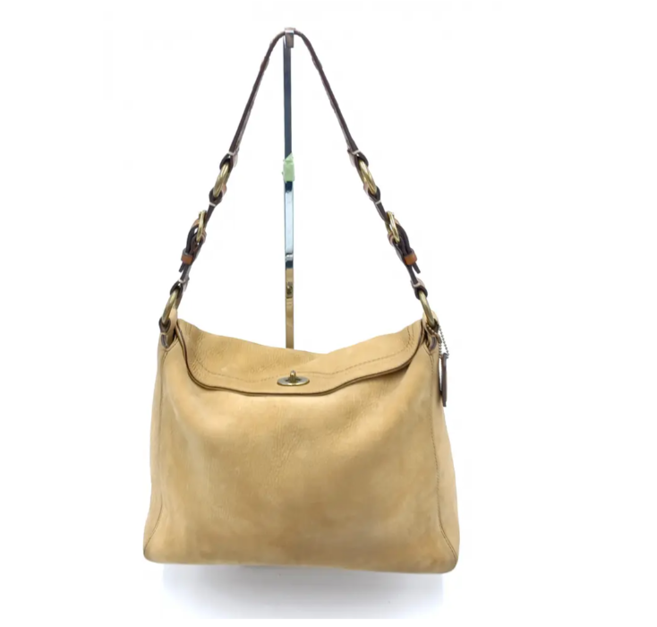 Coach Vintage Turn Lock Beige Suede Shoulder Bag w/Leather Trim