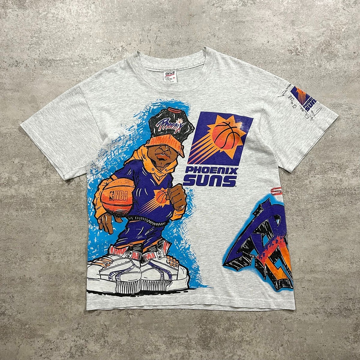 VTG 90s NBA PHOENIX SUNS GRAFFITI DOUBLE SIDED T-SHIRT SIZE M GRAY
