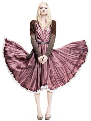Prada Fall 2004 Pink Trompe L'Oeil Grecian Pleat Print Silk Midi
