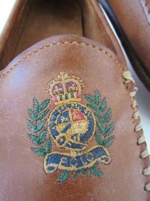 VTG 80's RALPH LAUREN Tan Leather Loafers Polo Crest Logo Bench