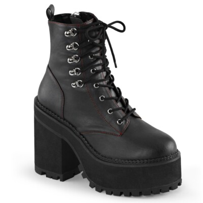 Black Red Trim Platform 1990s Grunge Punk Combat Boots Shoes