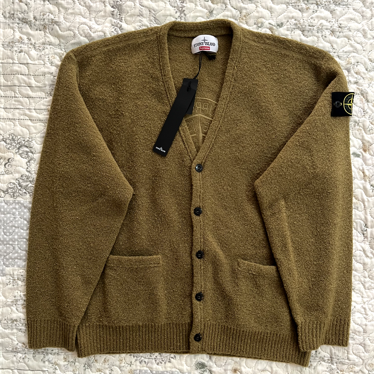 Supreme Stone Island Bouclé Cardigan olive green Medium wool knit