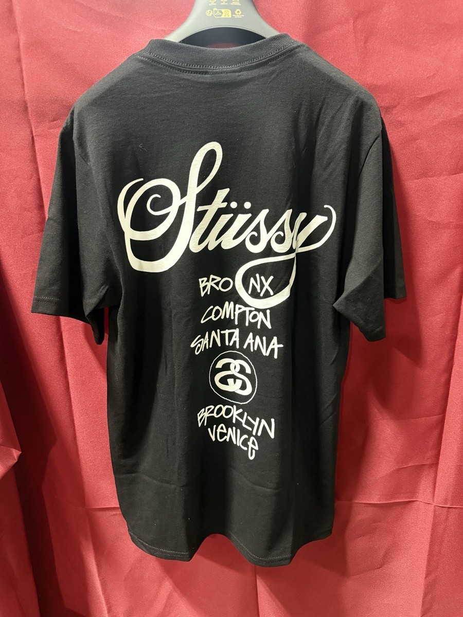 STUSSY World Tour Tee Shirt Black Double Sided Logo 2025 Sz Small