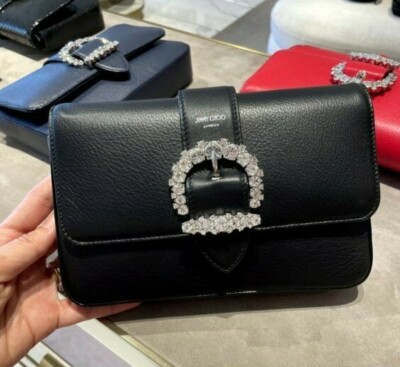 Jimmy Choo Cheri Wallet with Chain Crystal Buckle Black Leather
