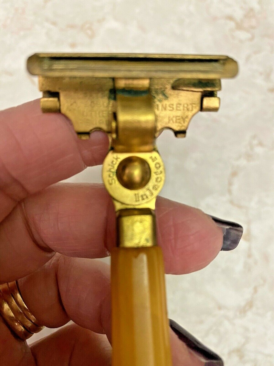 Vintage SCHICK INJECTOR RAZOR Gold Colored Metal Bakelite Handle