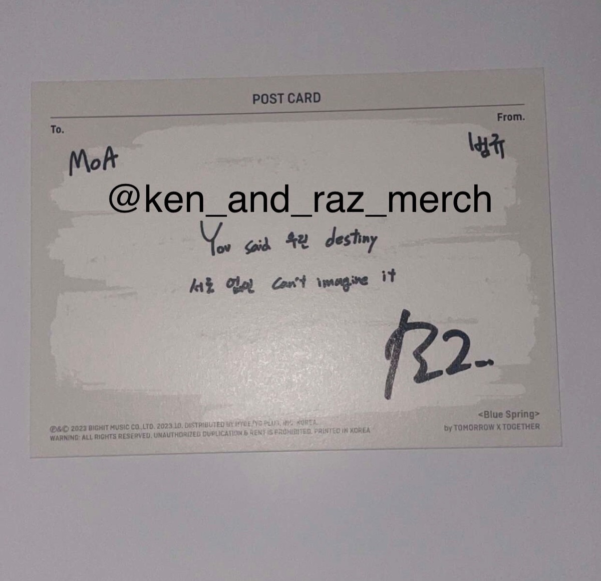 TXT official Freefall album Signature signed postcard autograph