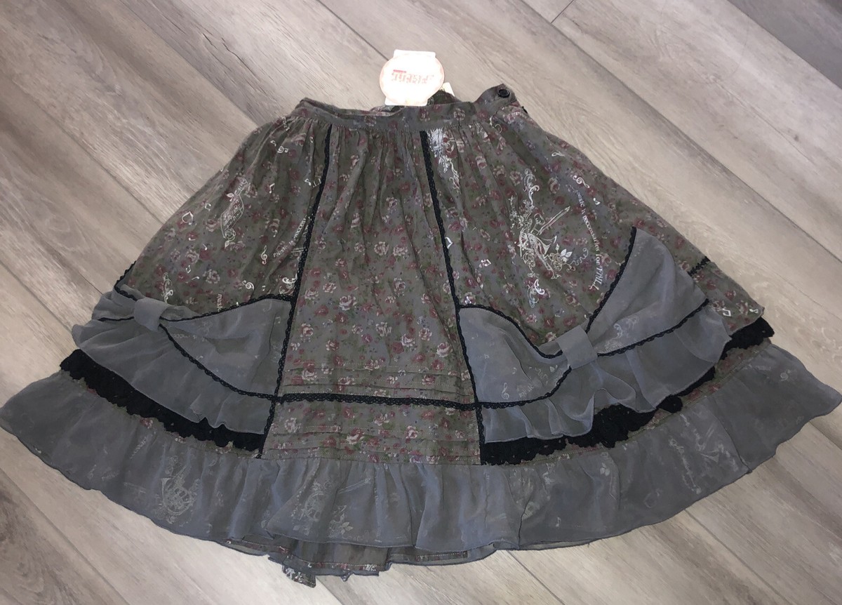 RARE H. NAOTO FRILL Japan Gray Music Print Harajuku Goth Lolita