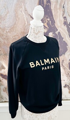 Balmain Black & Gold Printed Logo Sweatshirt Top | eBay