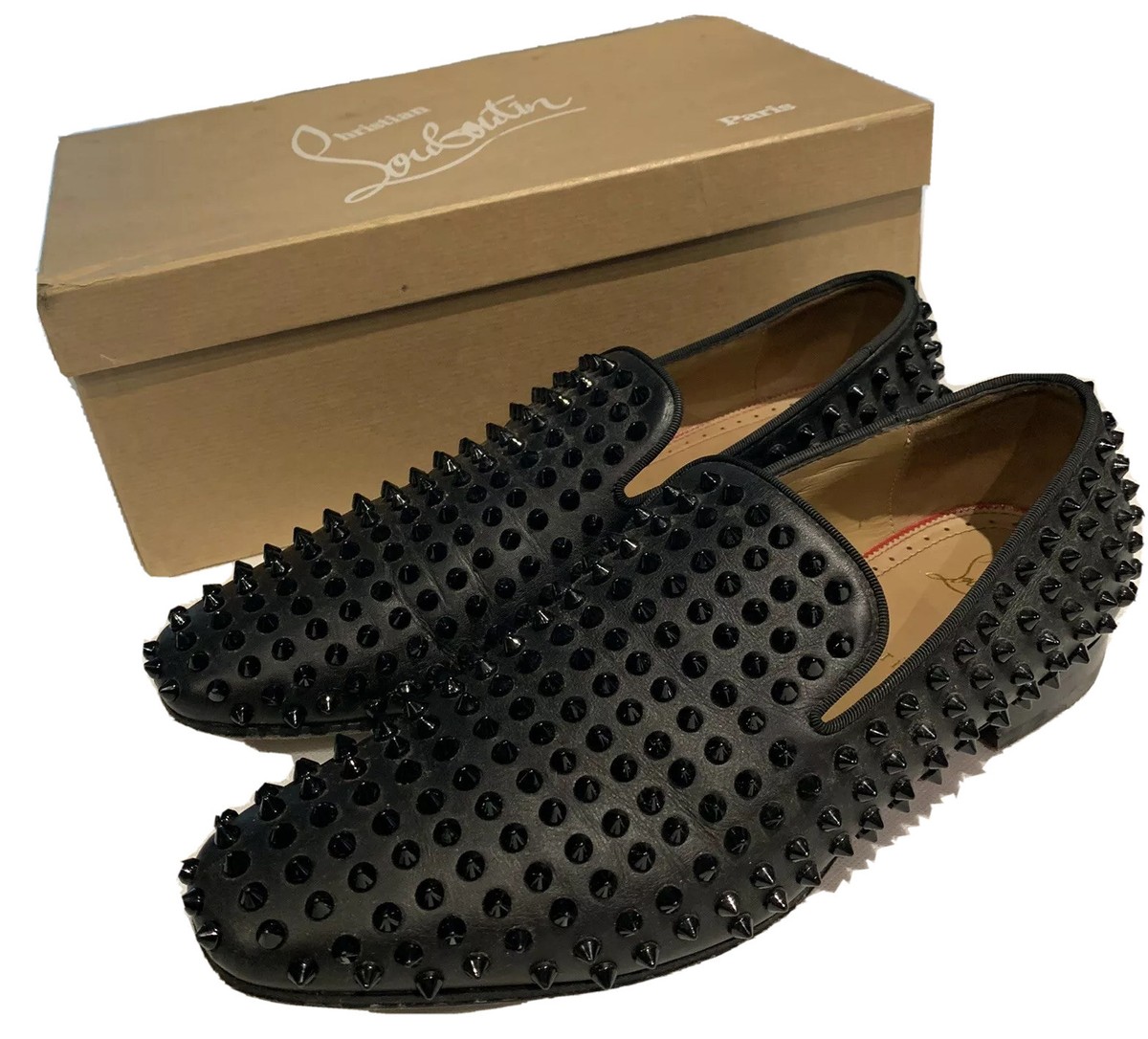 AUTH Christian Louboutin ROLLERBOY SPIKES FLAT Calf Loafers 42 US