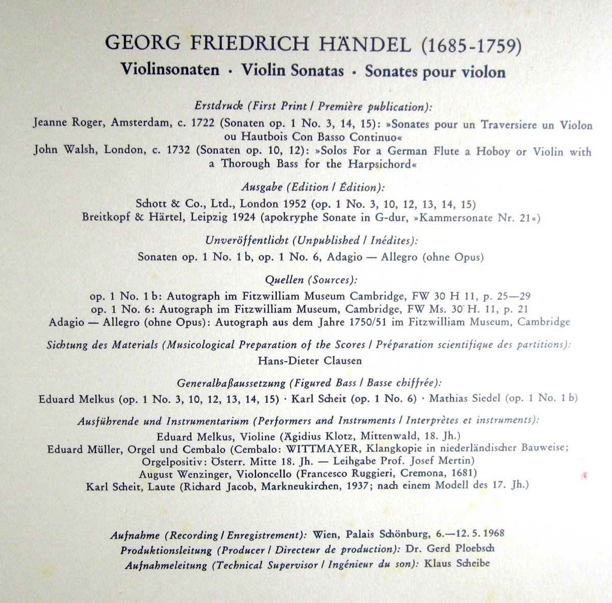 2 LPs ARCHIV Handel EDUARD MELKUS Violin Harpsichord Sonatas SAPM