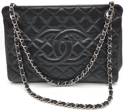 Chanel Grand Shopping Tote Handbag Black Caviar Leather Silver