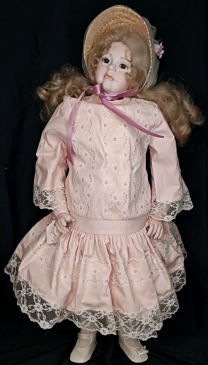 Vintage Porcelain Doll Markia Bonnet Pink Victorian Dress With