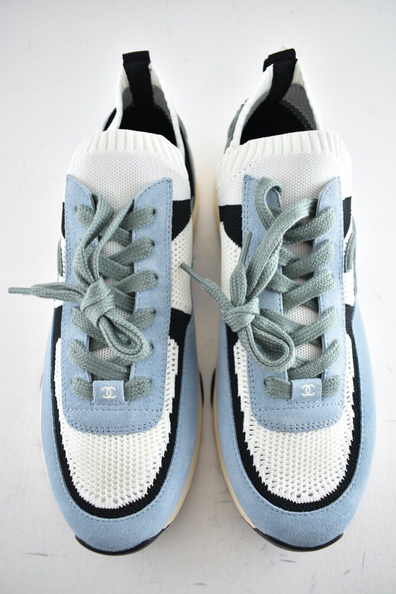 Chanel 22C Mens Blue White Grey Suede Knit CC Logo Low Top Trainer
