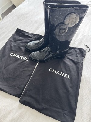 CHANEL Black Rubber Camellia Embellished Rain Boots Size 39 | eBay