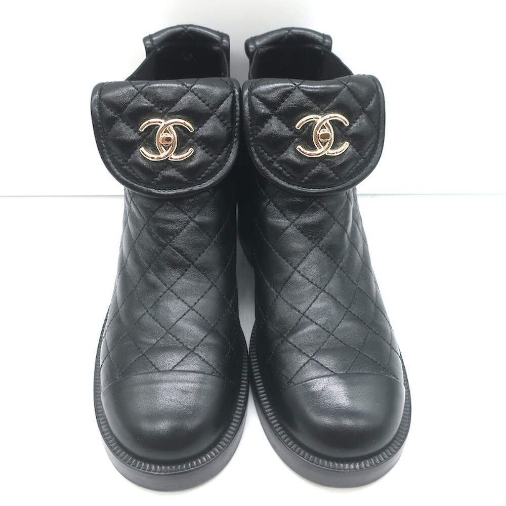 Chanel CC Turn Lock Fold-Over Ankle Boots Black Quilted Leather