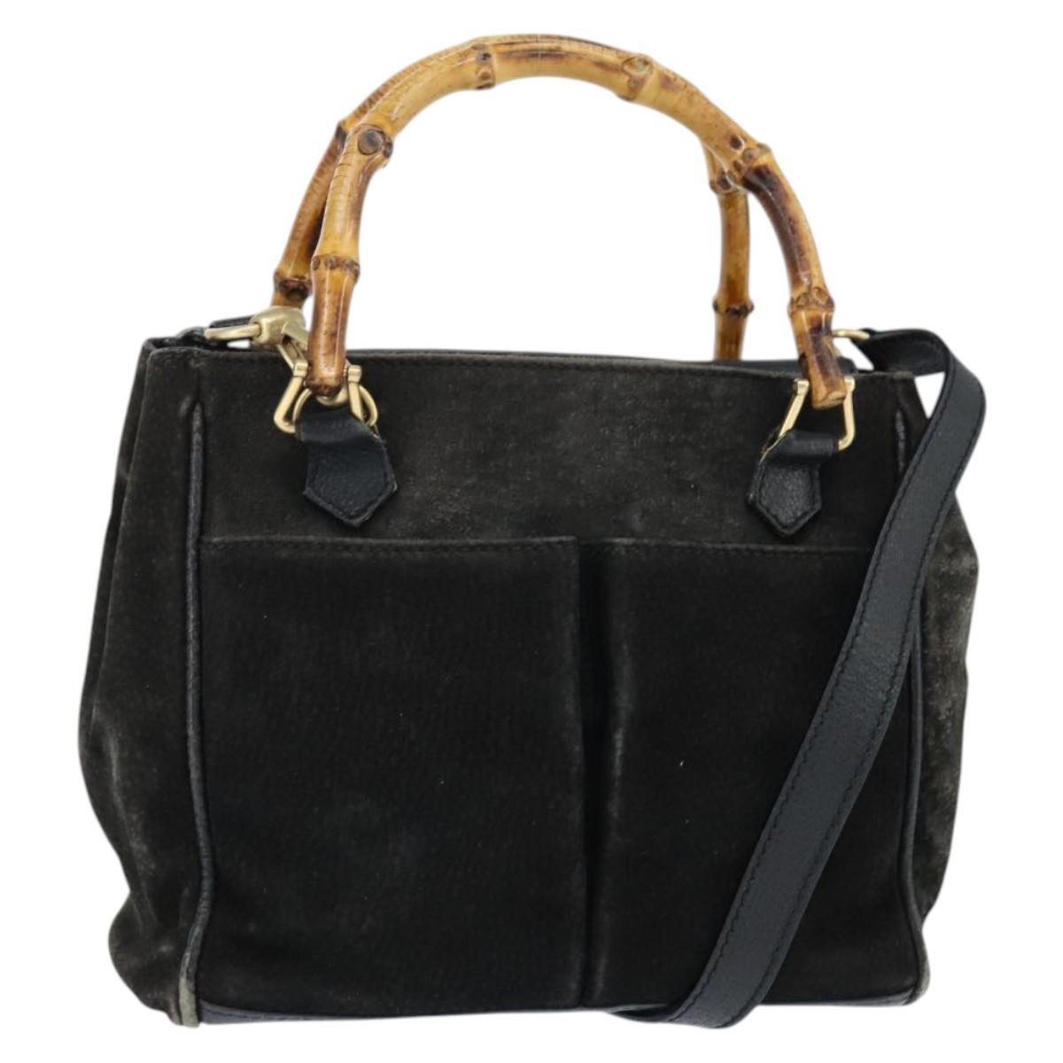 GUCCI Bamboo Hand Bag Leather Black Gold 000 1046 0290 Auth