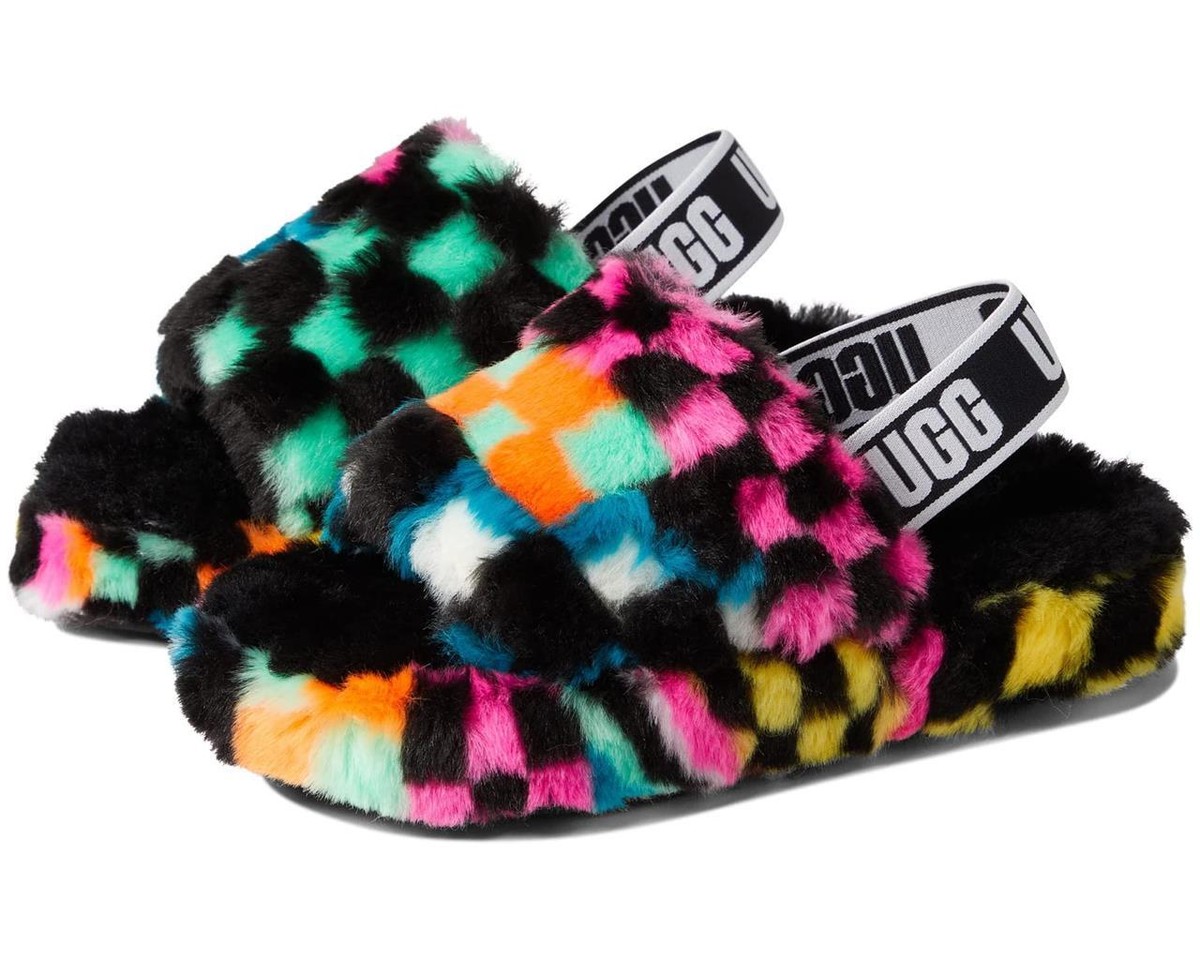 UGG Fluff Yeah Slide Check Checkerboard Plush Strap Back Slippers