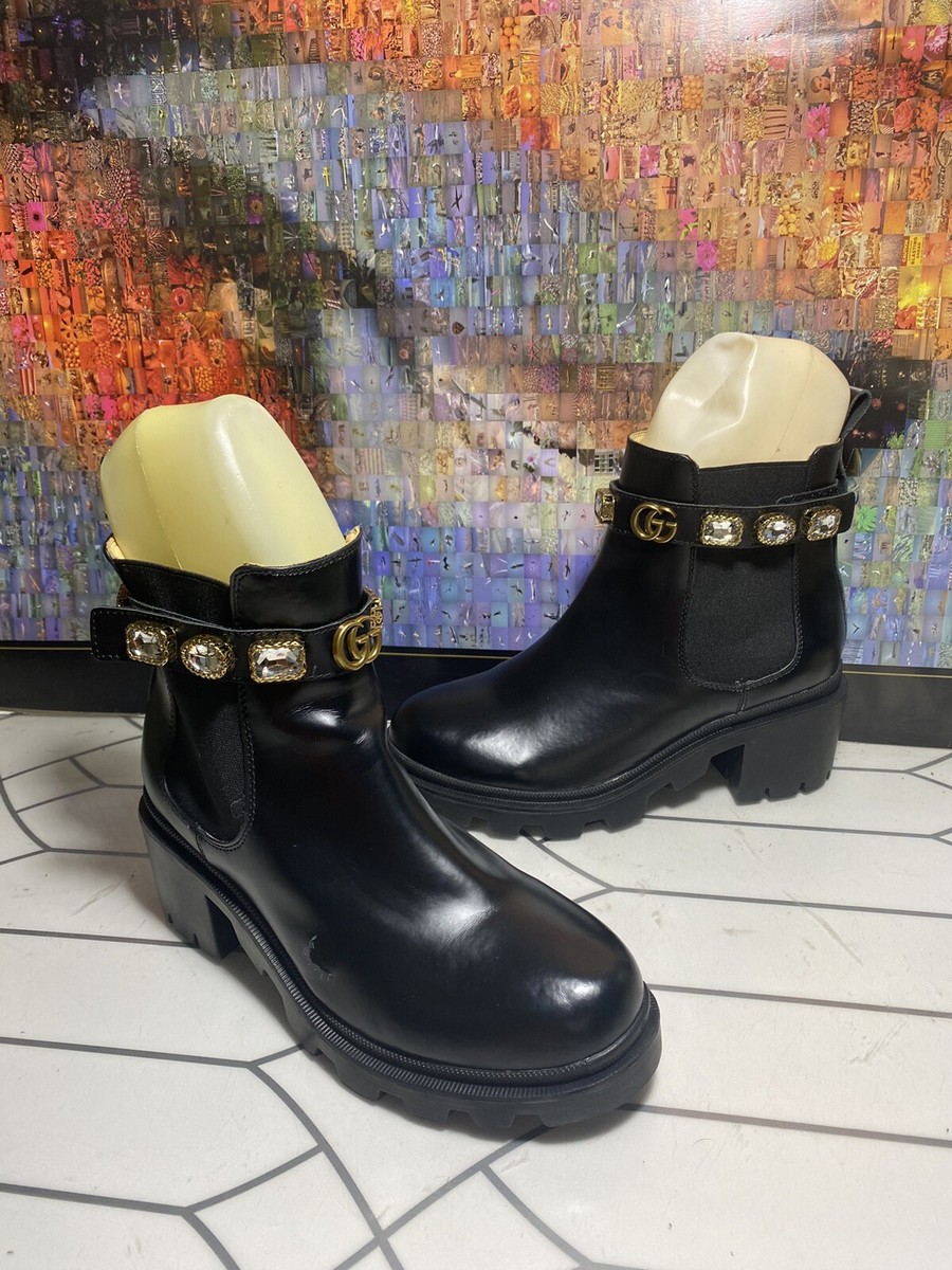Gucci Trip Black Leather Crystal Embellished Ankle Chelsea Combat