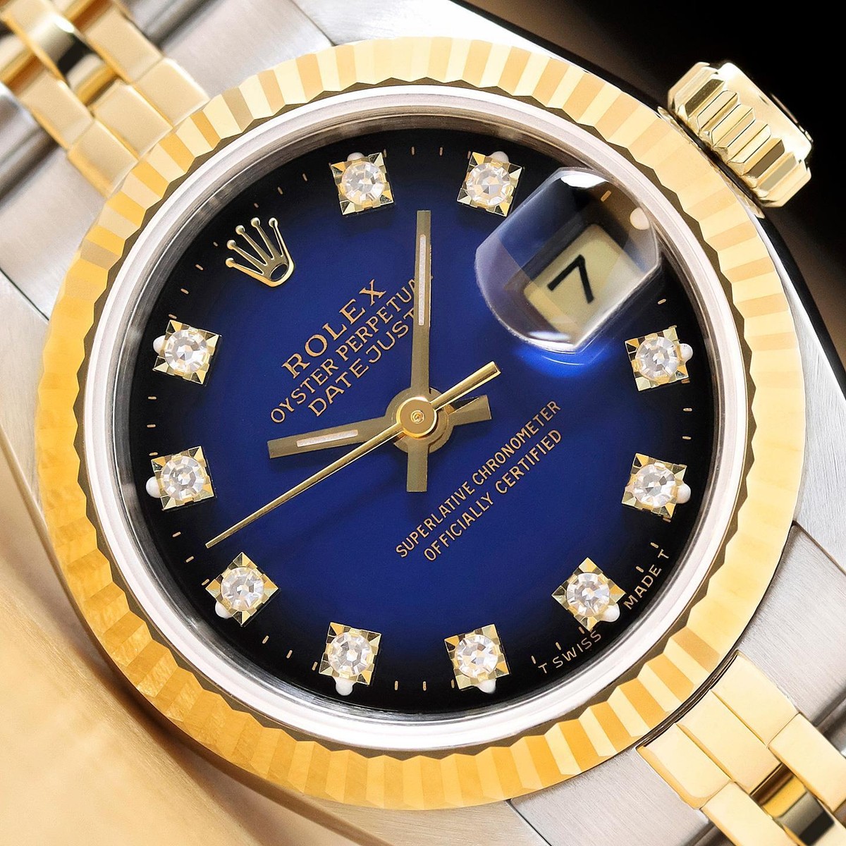 ROLEX DATEJUST 69173 BLUE VIGNETTE FACTORY DIAMOND DIAL 18K GOLD